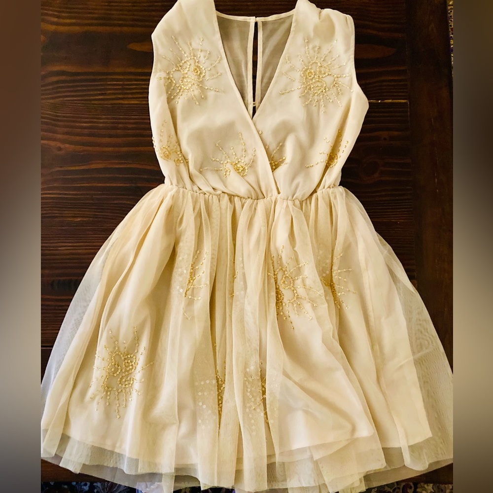 ASOS Cream Ivory Sequined Tulle Mini Dress Sleeveless Ballet Style Dress sz 8